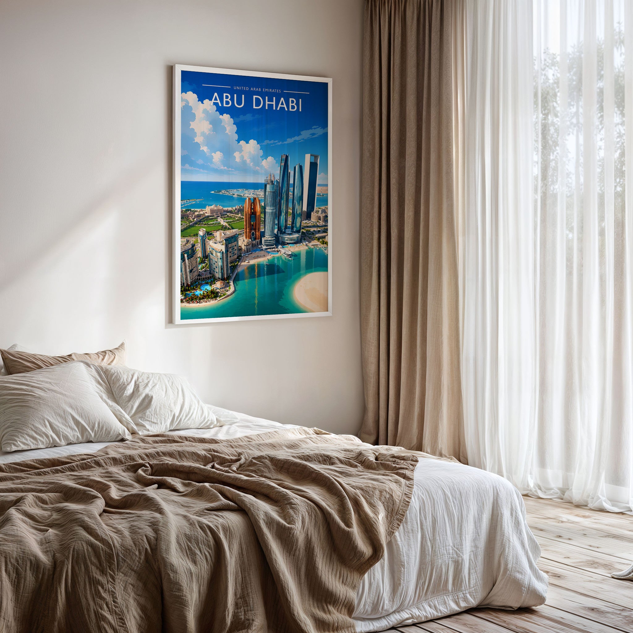 Abu Dhabi #4 Travel Poster framed on a bedroom wall