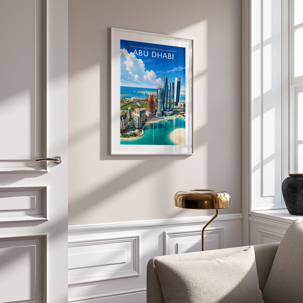 Abu Dhabi #4 Travel Poster in a white frame on a panelled wall