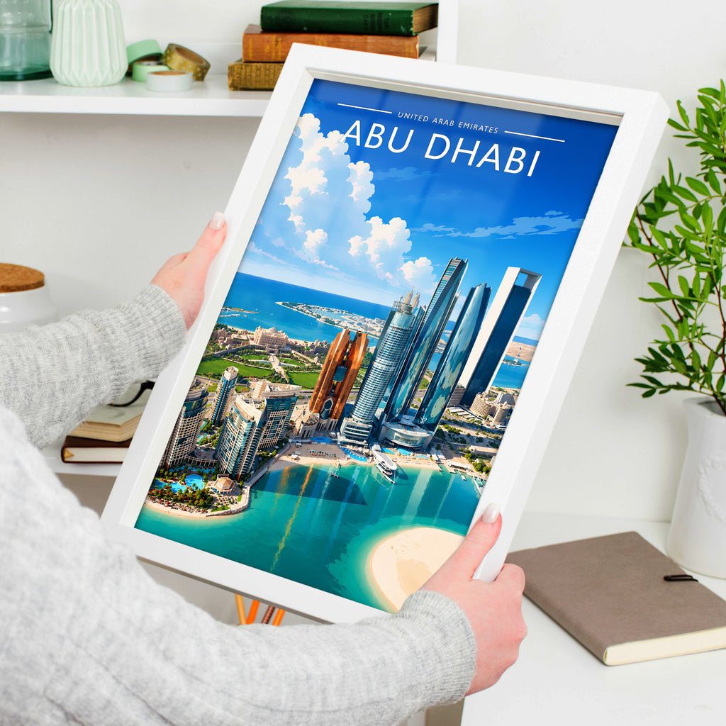 Abu Dhabi #4 Travel Poster in a white frame, held to show scale