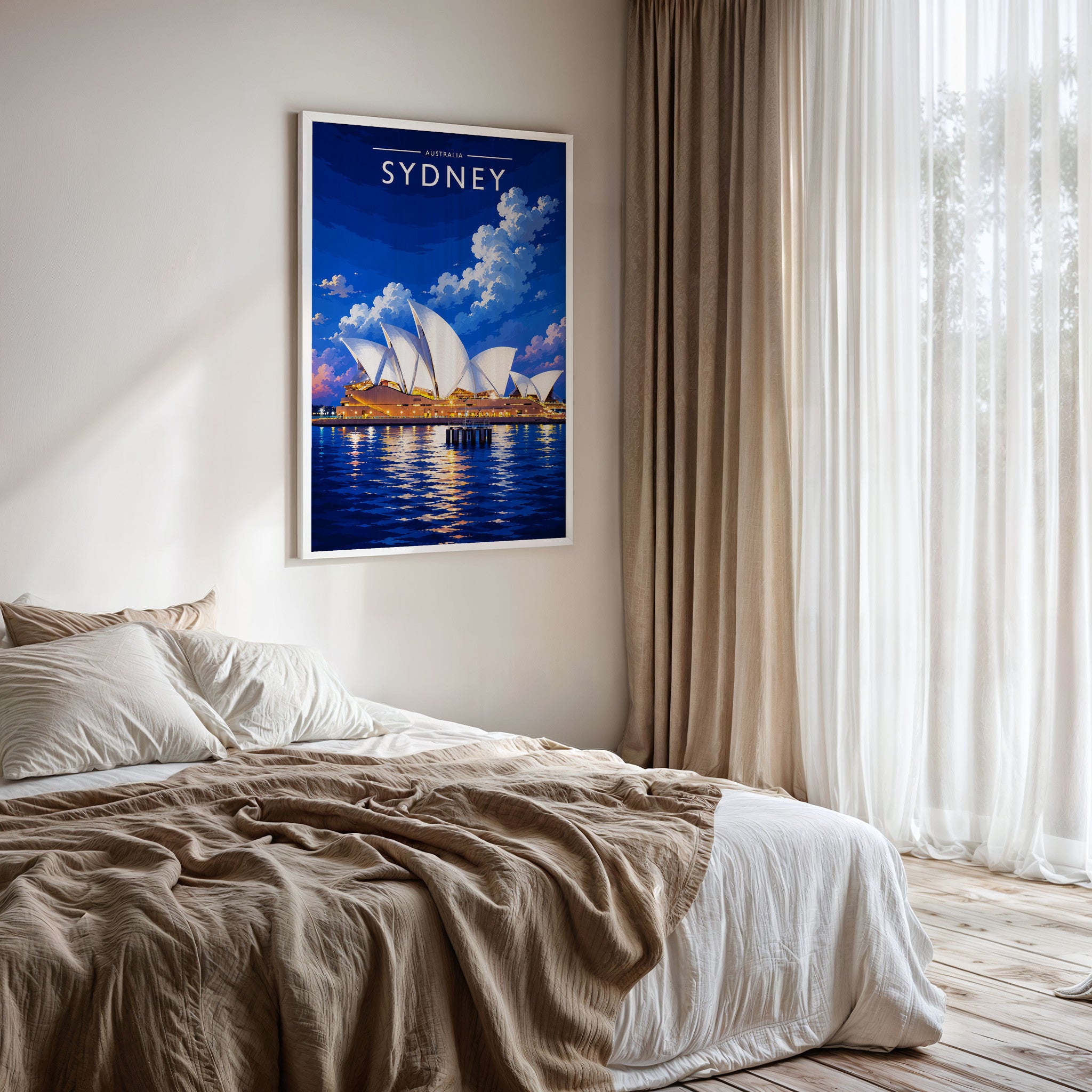 Sydney Travel Poster framed on a bedroom wall