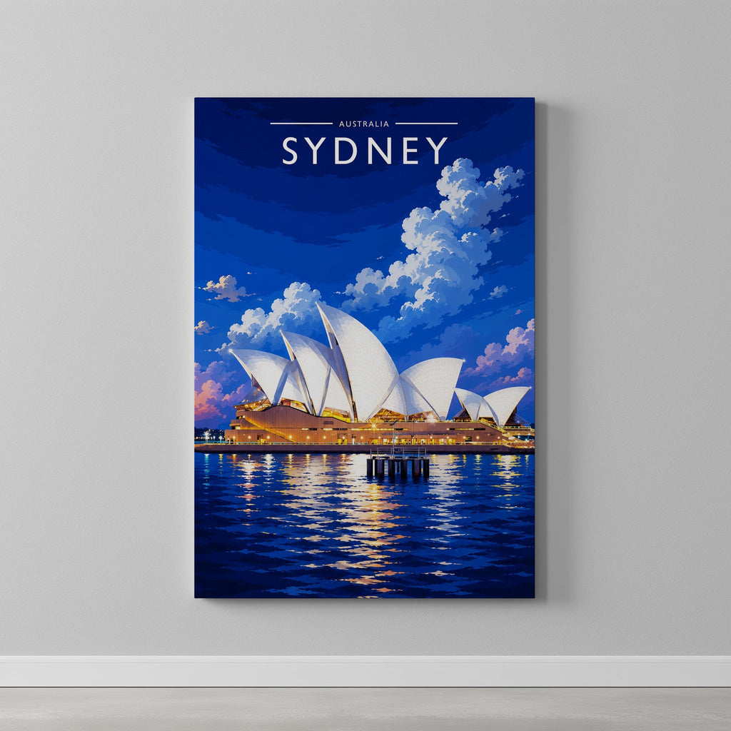 Sydney Travel Poster as a gallery-wrapped canvas on a plain wall