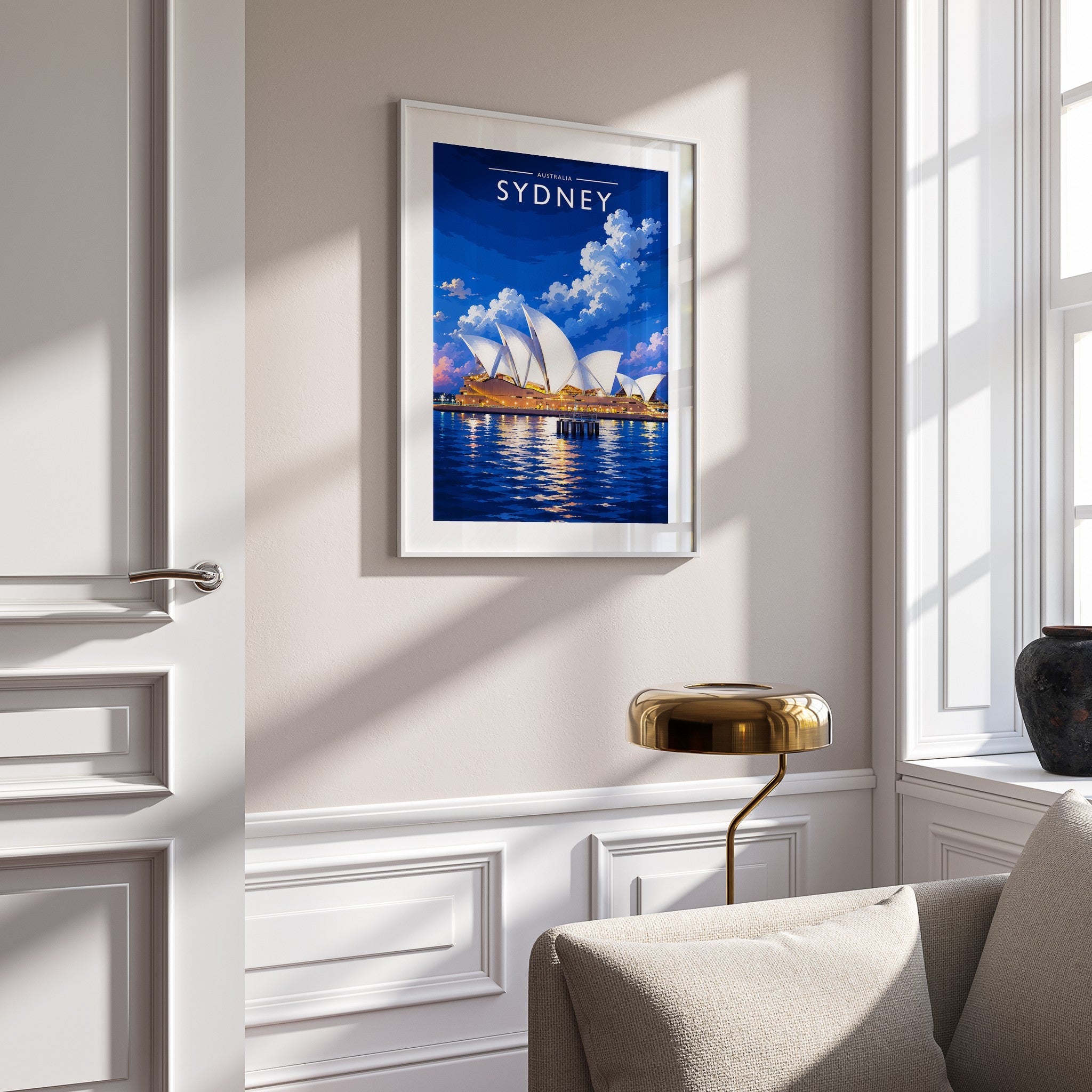 Sydney Travel Poster mounted in a white frame