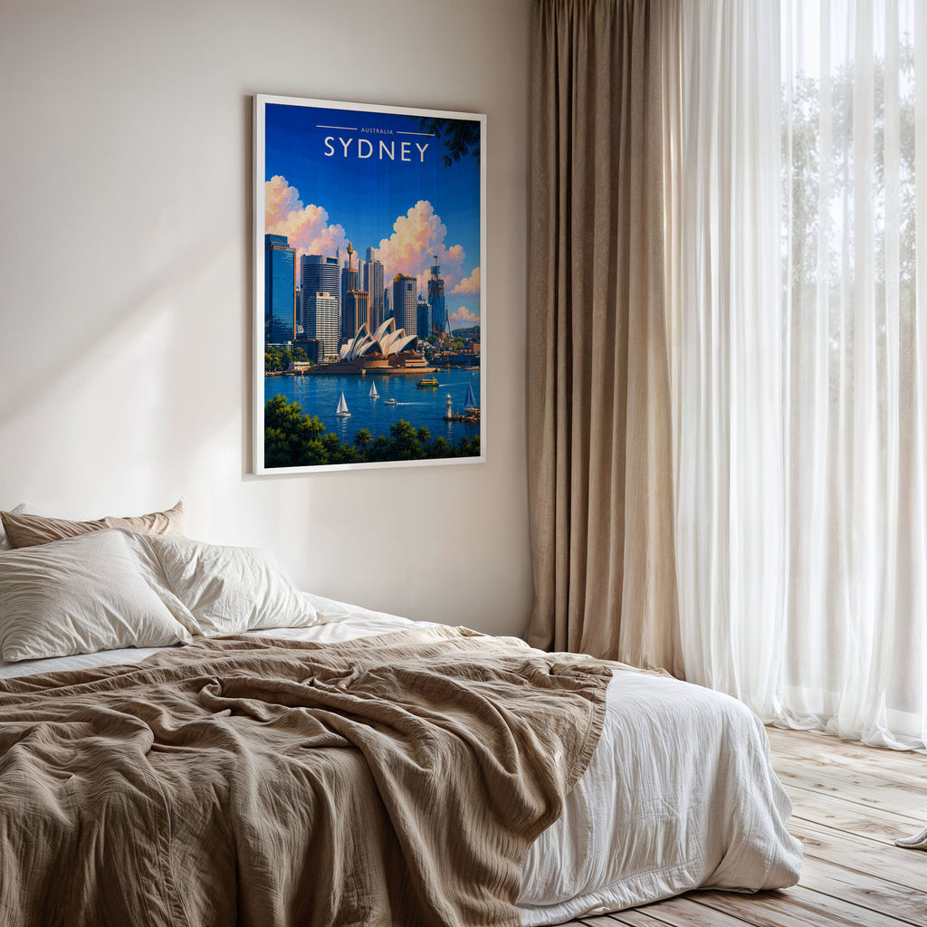 Sydney #2 Travel Poster framed on a bedroom wall
