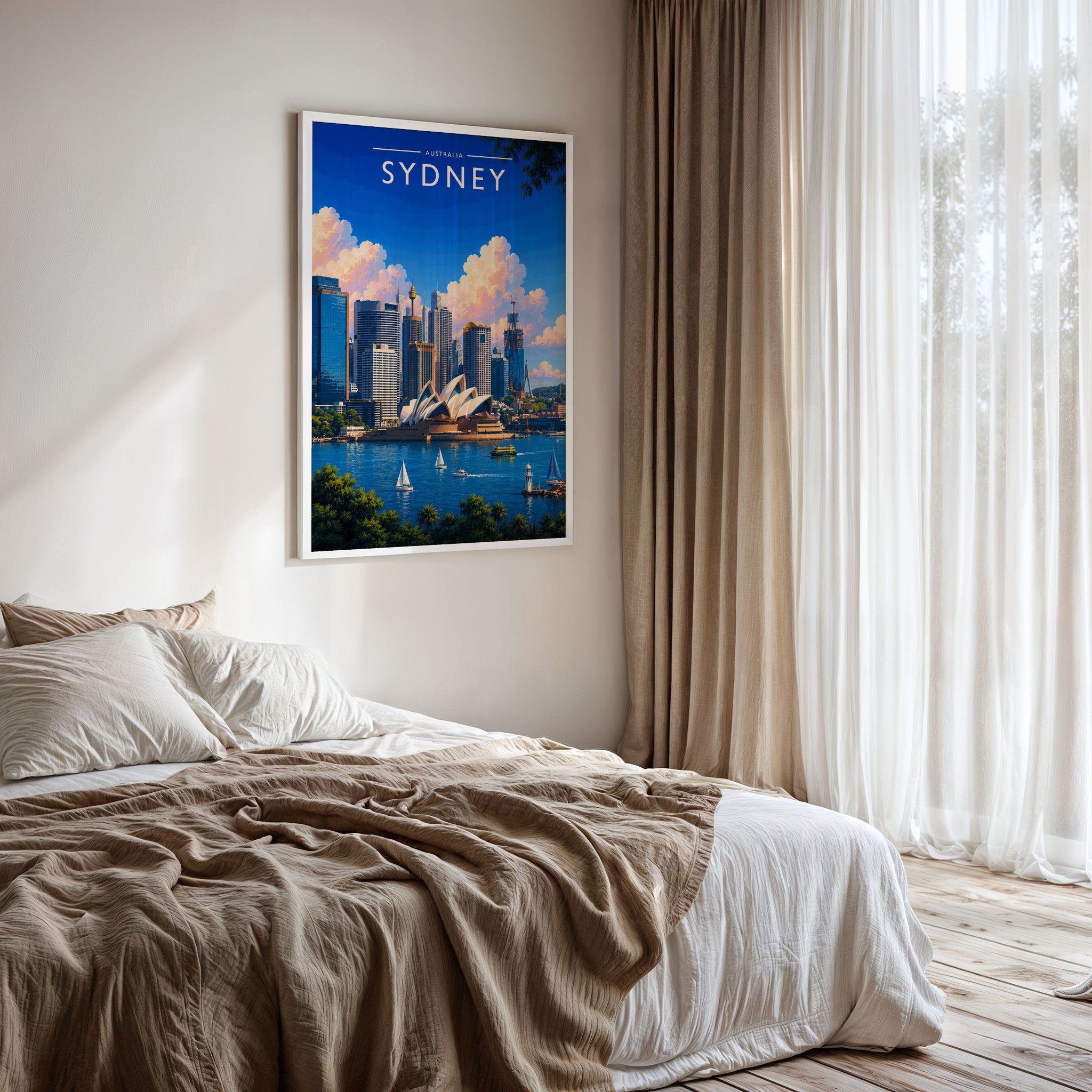 Sydney #2 Travel Poster framed on a bedroom wall