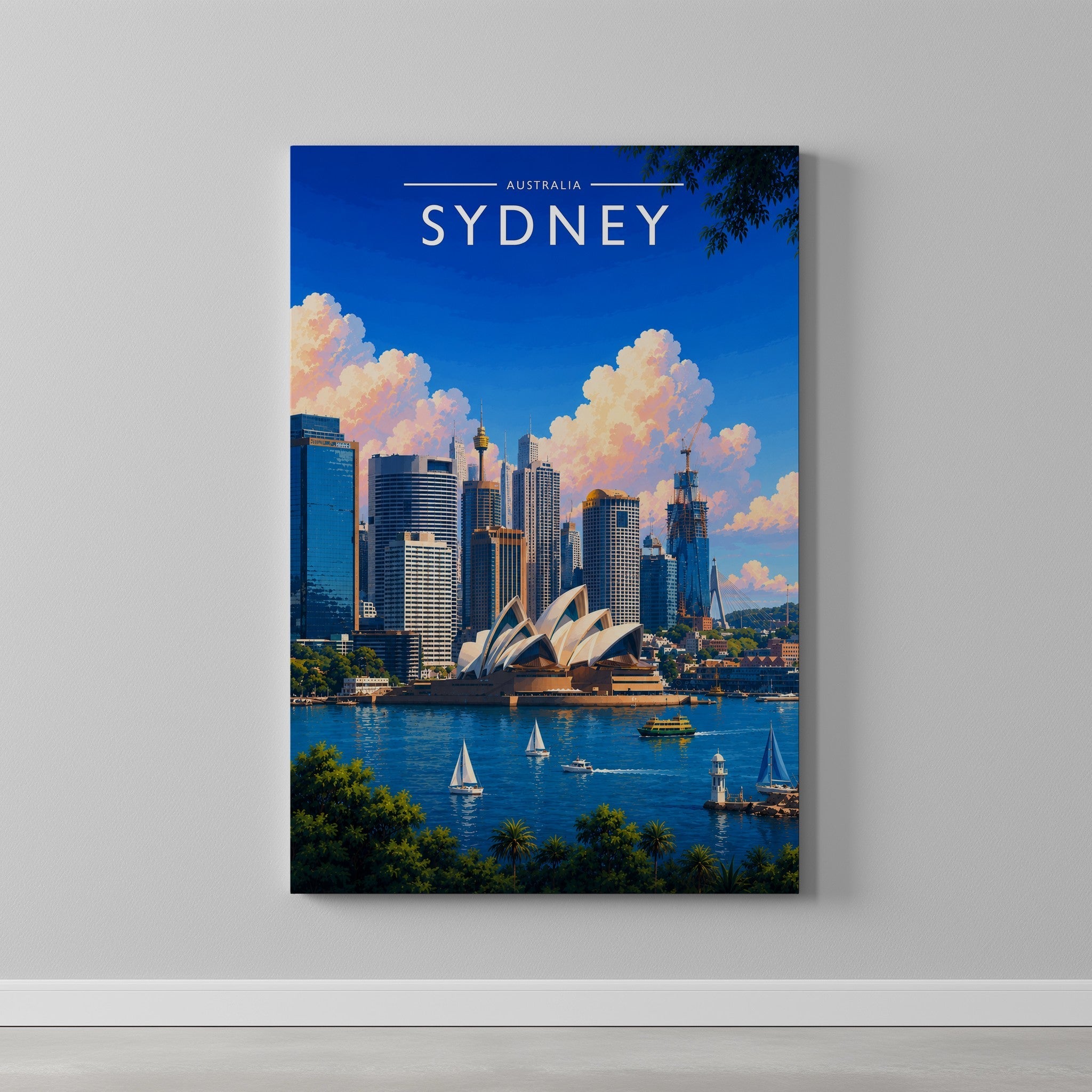 Sydney #2 Travel Poster as a gallery-wrapped canvas on a plain wall