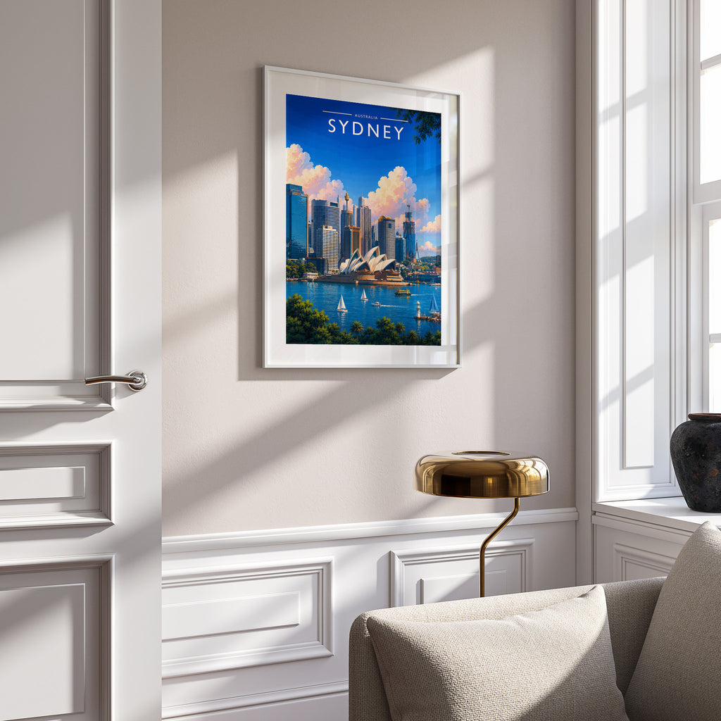Sydney #2 Travel Poster in a white frame on a panelled wall