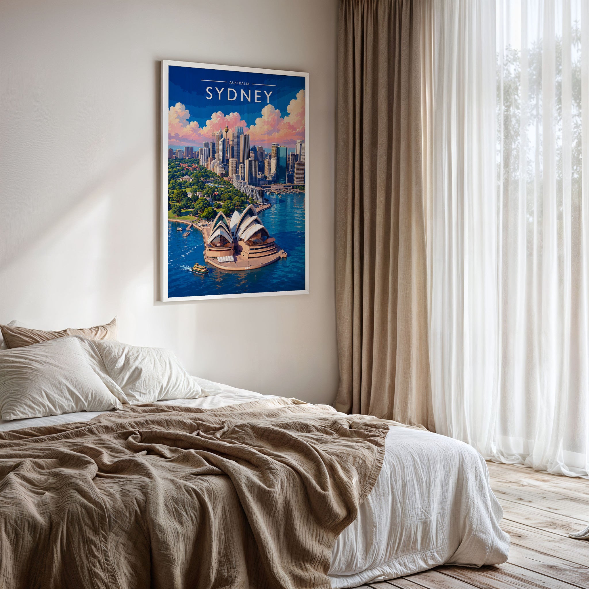 Sydney #3 Travel Poster framed on a bedroom wall