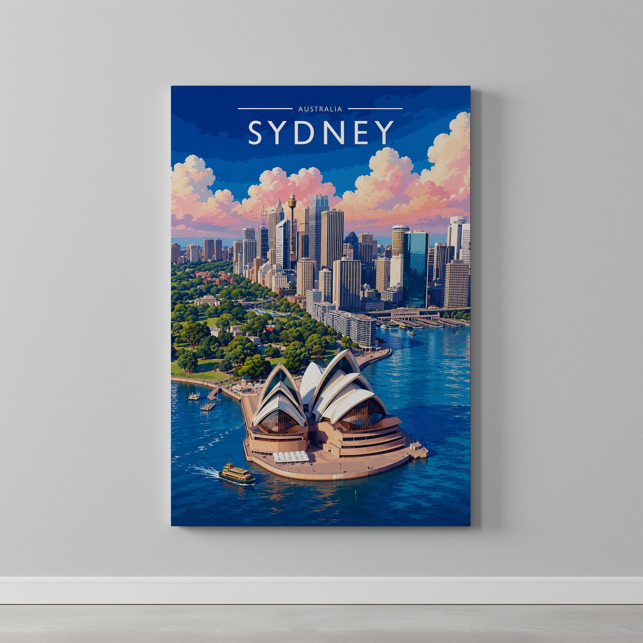 Sydney #3 Travel Poster as a gallery-wrapped canvas on a plain wall