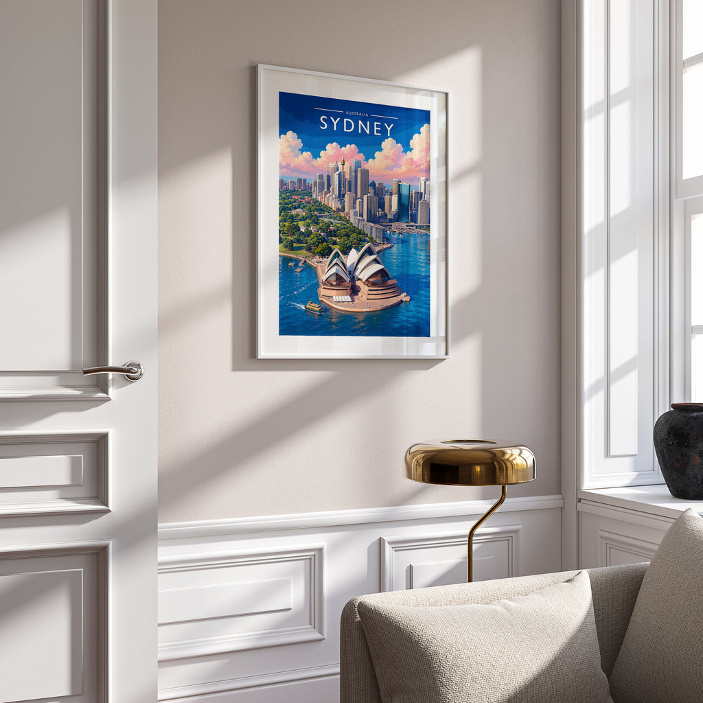 Sydney #3 Travel Poster in a white frame on a panelled wall