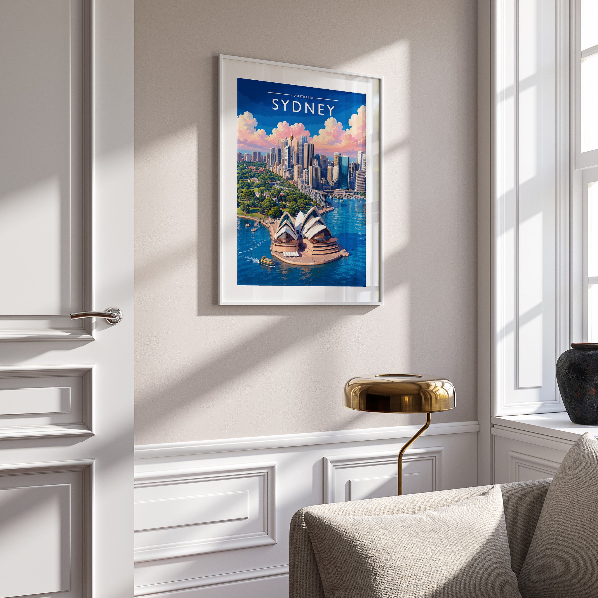 Sydney #3 Travel Poster in a white frame on a panelled wall