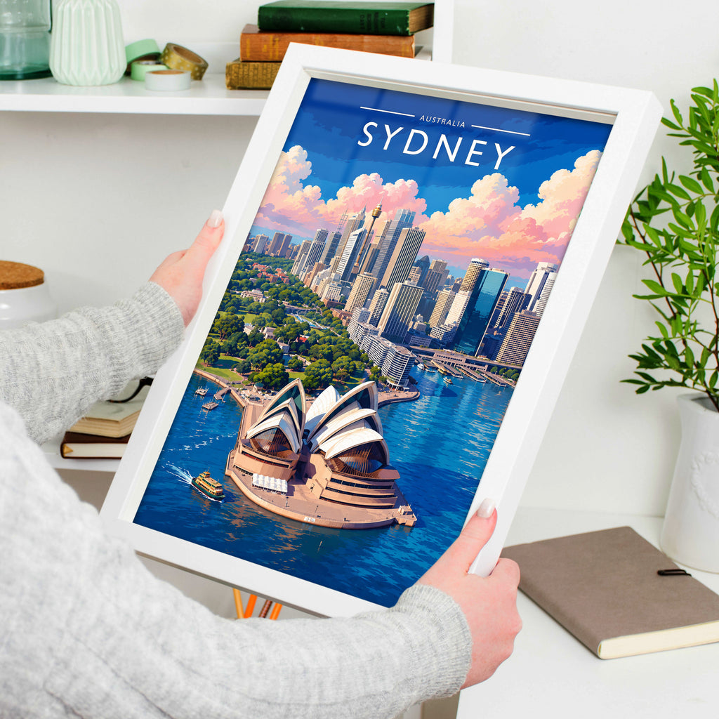 Sydney #3 Travel Poster in a white frame, held to show scale