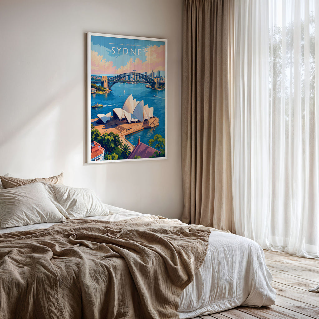 Sydney #4 Travel Poster framed on a bedroom wall