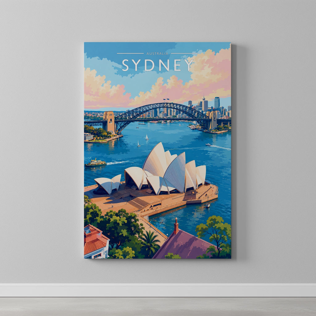 Sydney #4 Travel Poster as a gallery-wrapped canvas on a plain wall