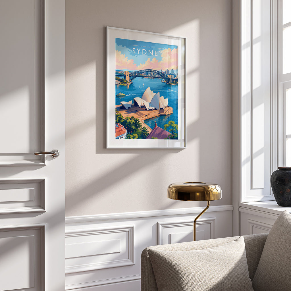 Sydney #4 Travel Poster in a white frame on a panelled wall