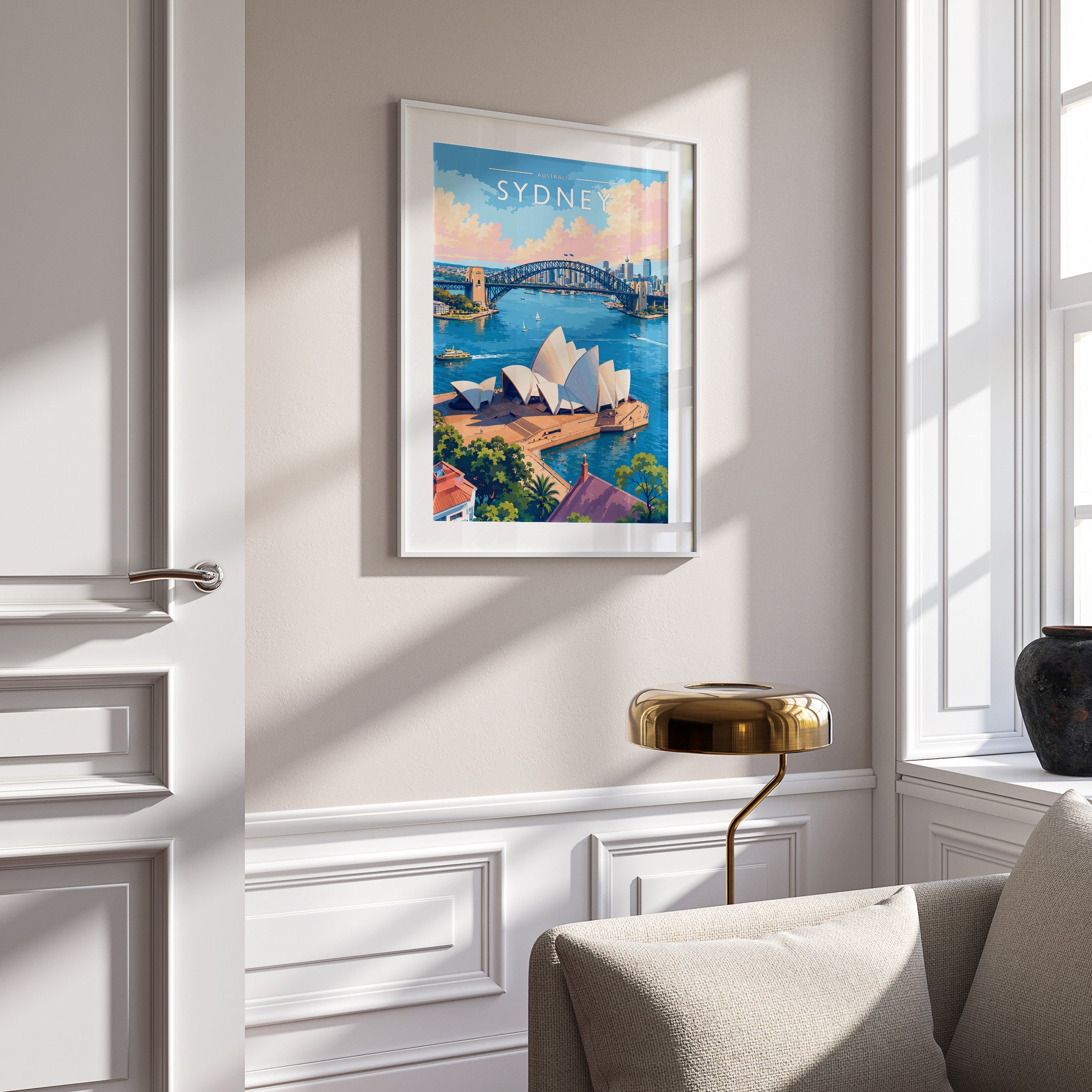 Sydney #4 Travel Poster in a white frame on a panelled wall