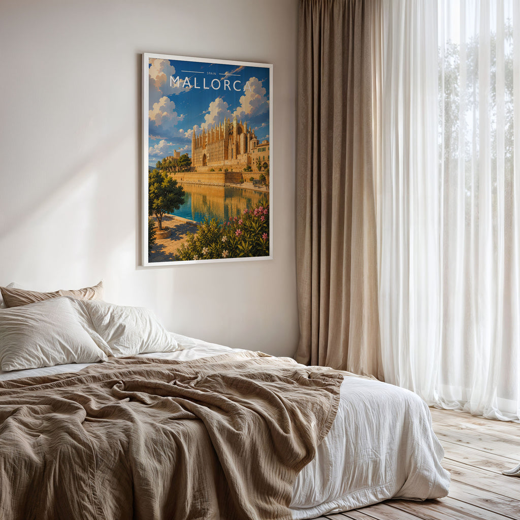Mallorca #2 Travel Poster framed on a bedroom wall