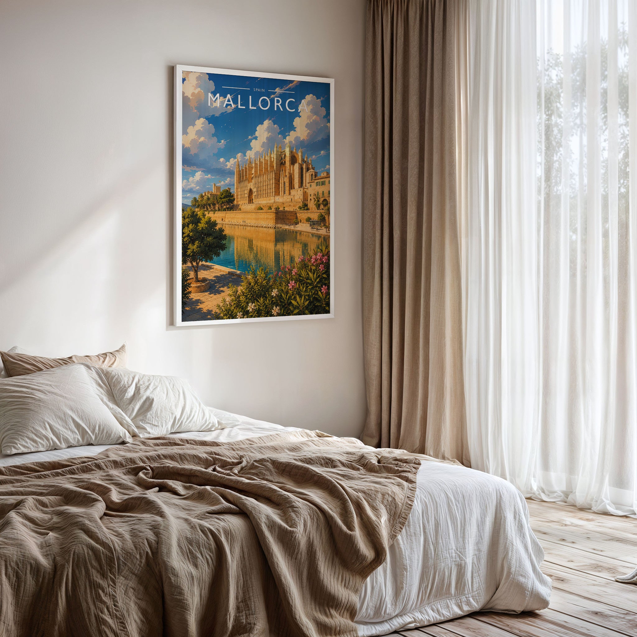 Mallorca #2 Travel Poster framed on a bedroom wall