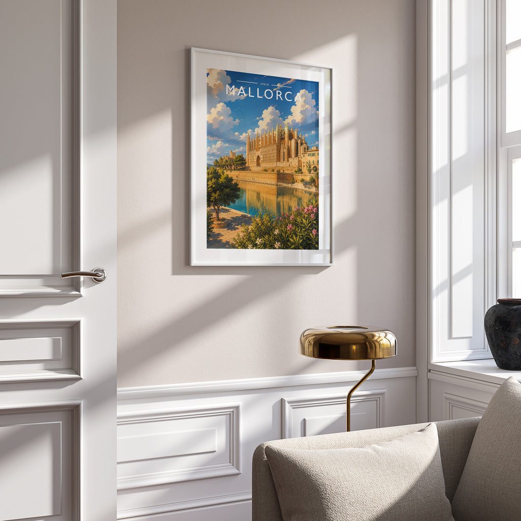 Mallorca #2 Travel Poster in a white frame on a panelled wall