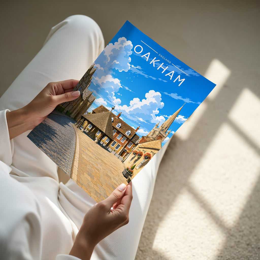 Oakham Travel Poster - A4 print held in hand
