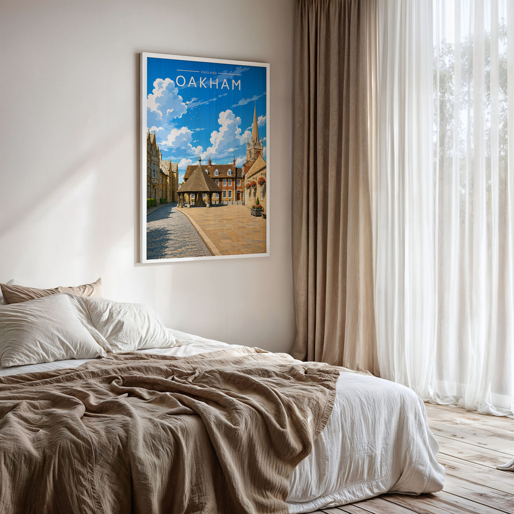 Oakham Travel Poster framed on a bedroom wall