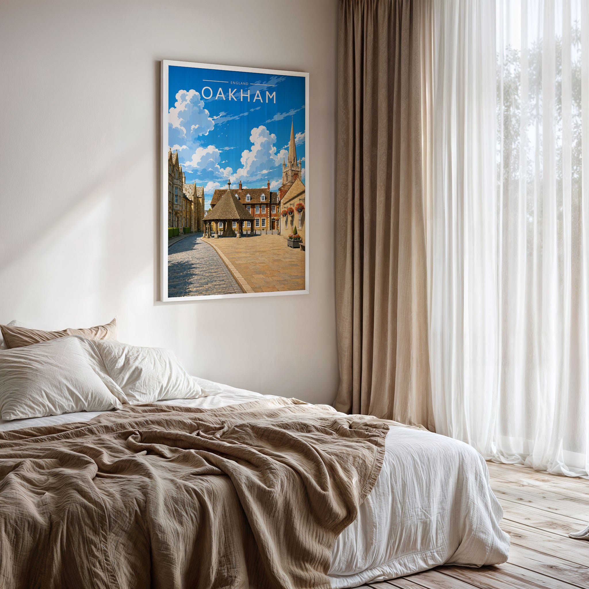 Oakham Travel Poster framed on a bedroom wall