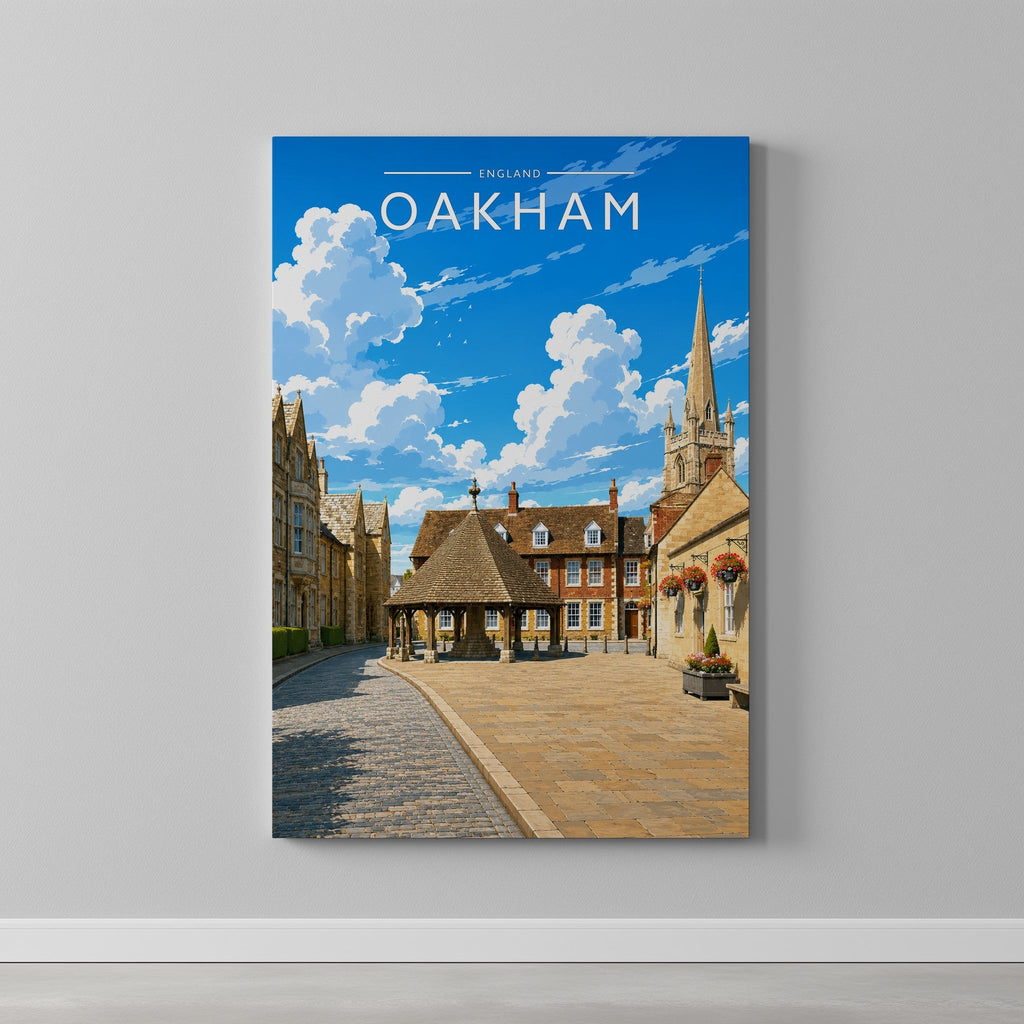 Oakham Travel Poster as a gallery-wrapped canvas on a plain wall