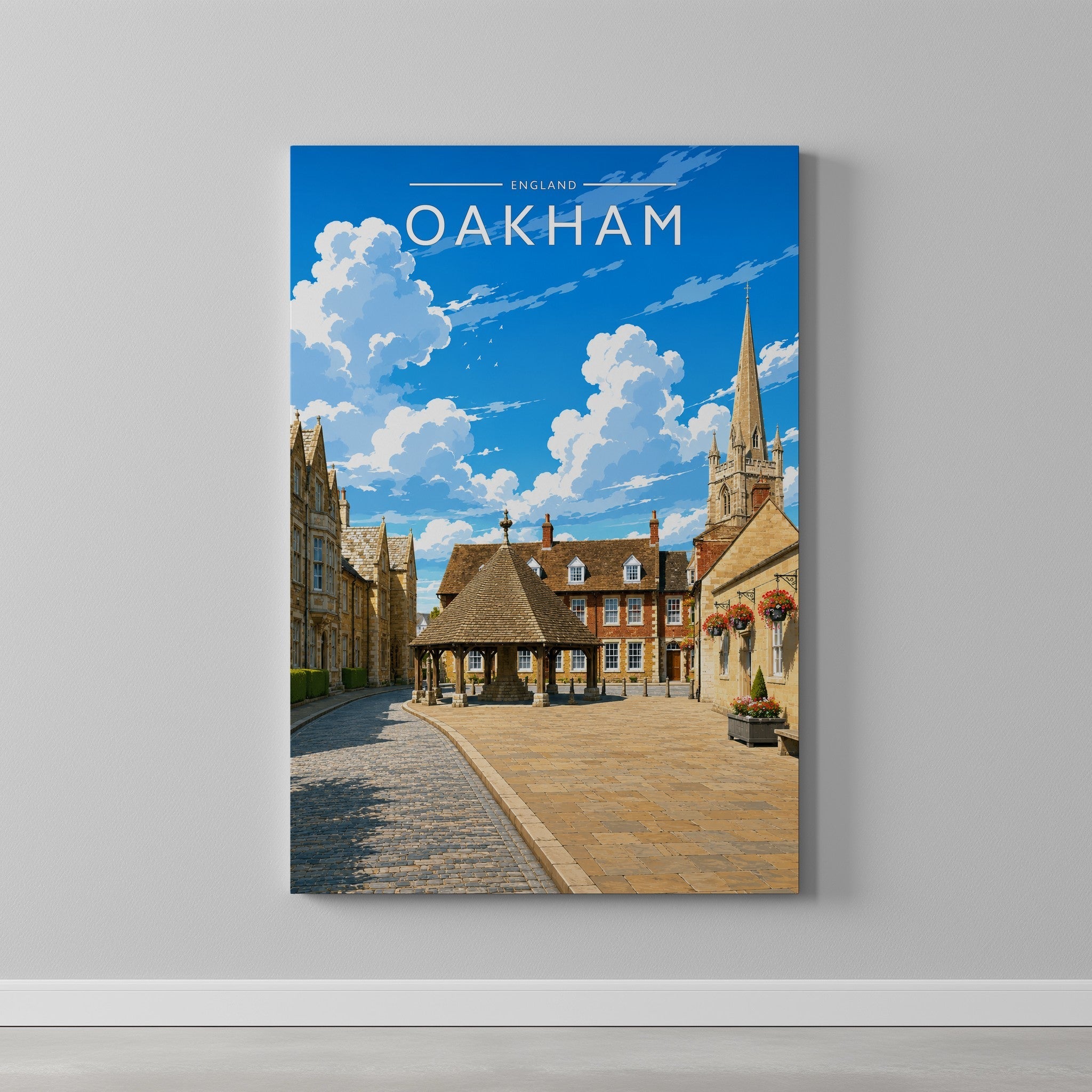 Oakham Travel Poster as a gallery-wrapped canvas on a plain wall