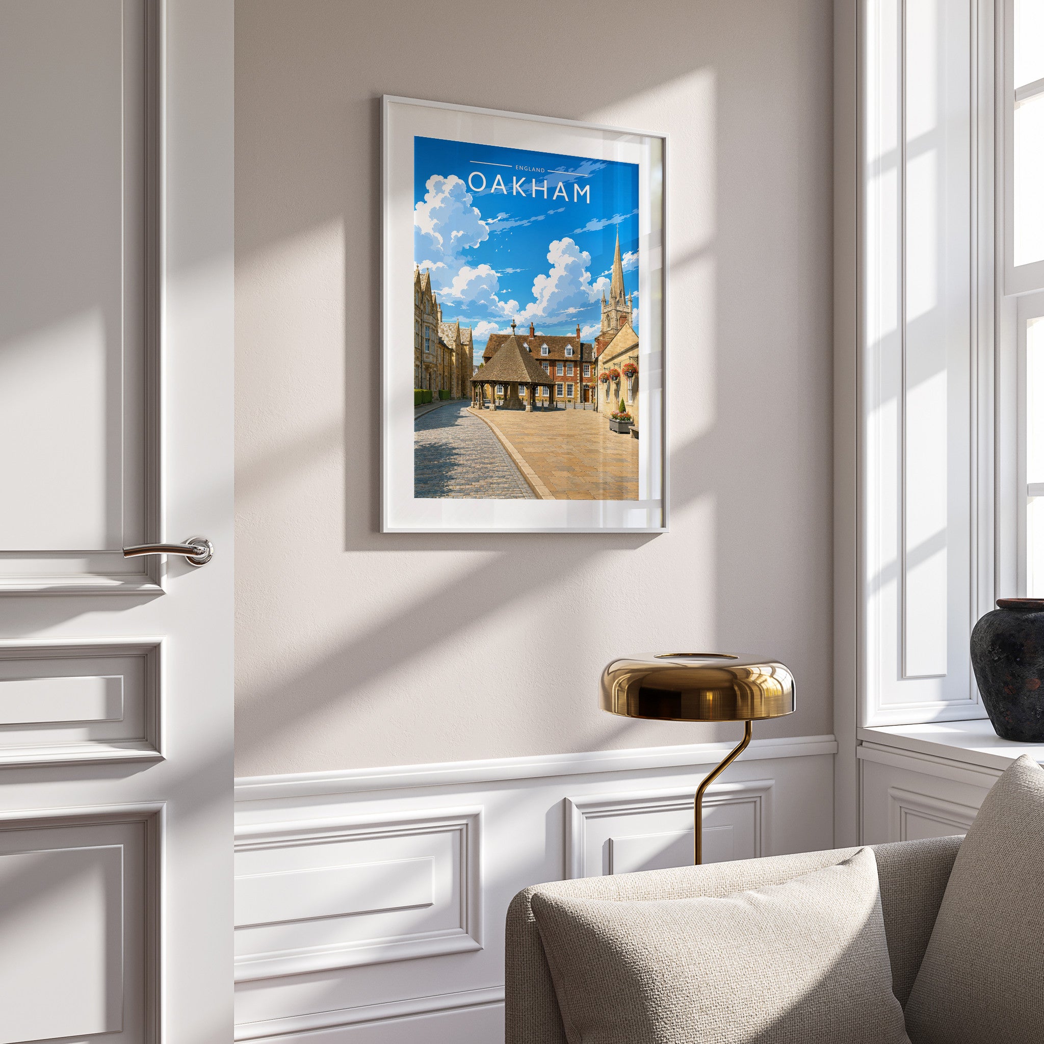 Oakham Travel Poster in a white frame on a panelled wall