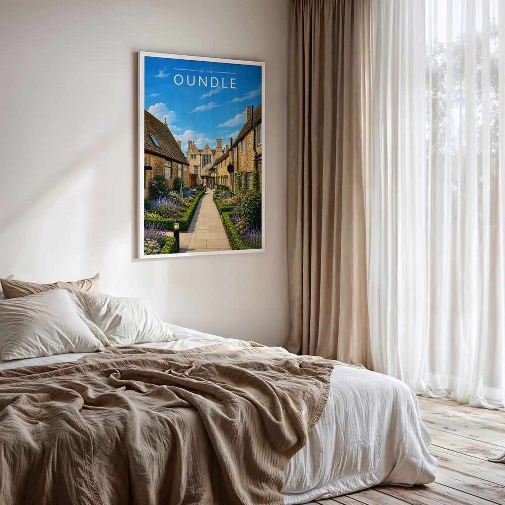 Oundle #3 Travel Poster framed on a bedroom wall