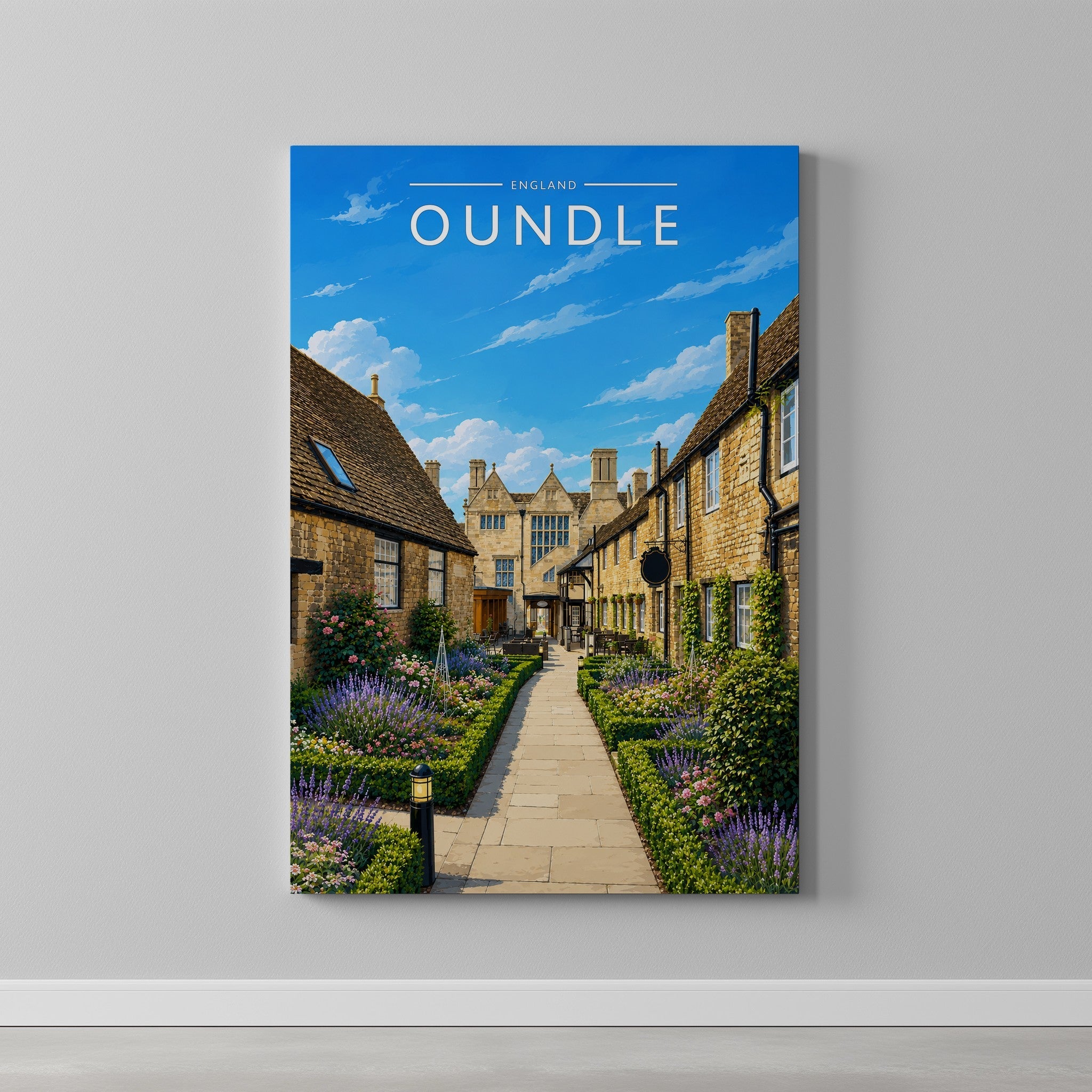 Oundle #3 Travel Poster as a gallery-wrapped canvas on a plain wall
