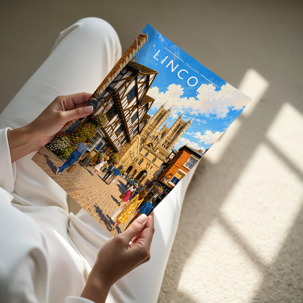 Lincoln Travel Poster - A4 print held in hand