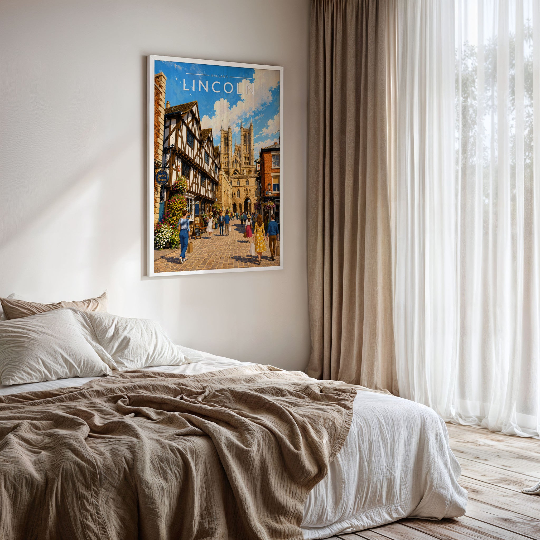 Lincoln Travel Poster framed on a bedroom wall
