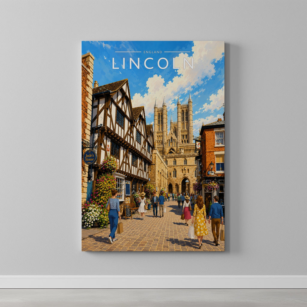 Lincoln Travel Poster as a gallery-wrapped canvas on a plain wall