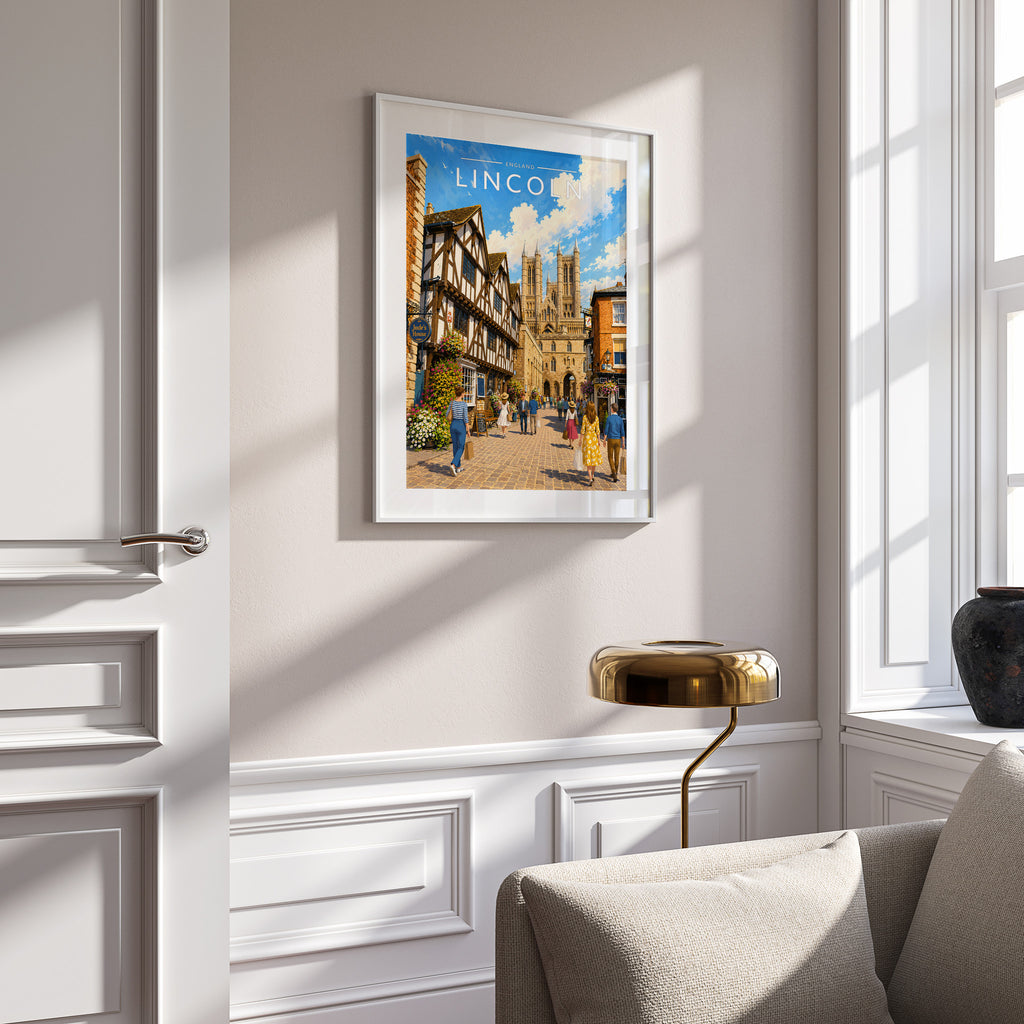 Lincoln Travel Poster in a white frame on a panelled wall
