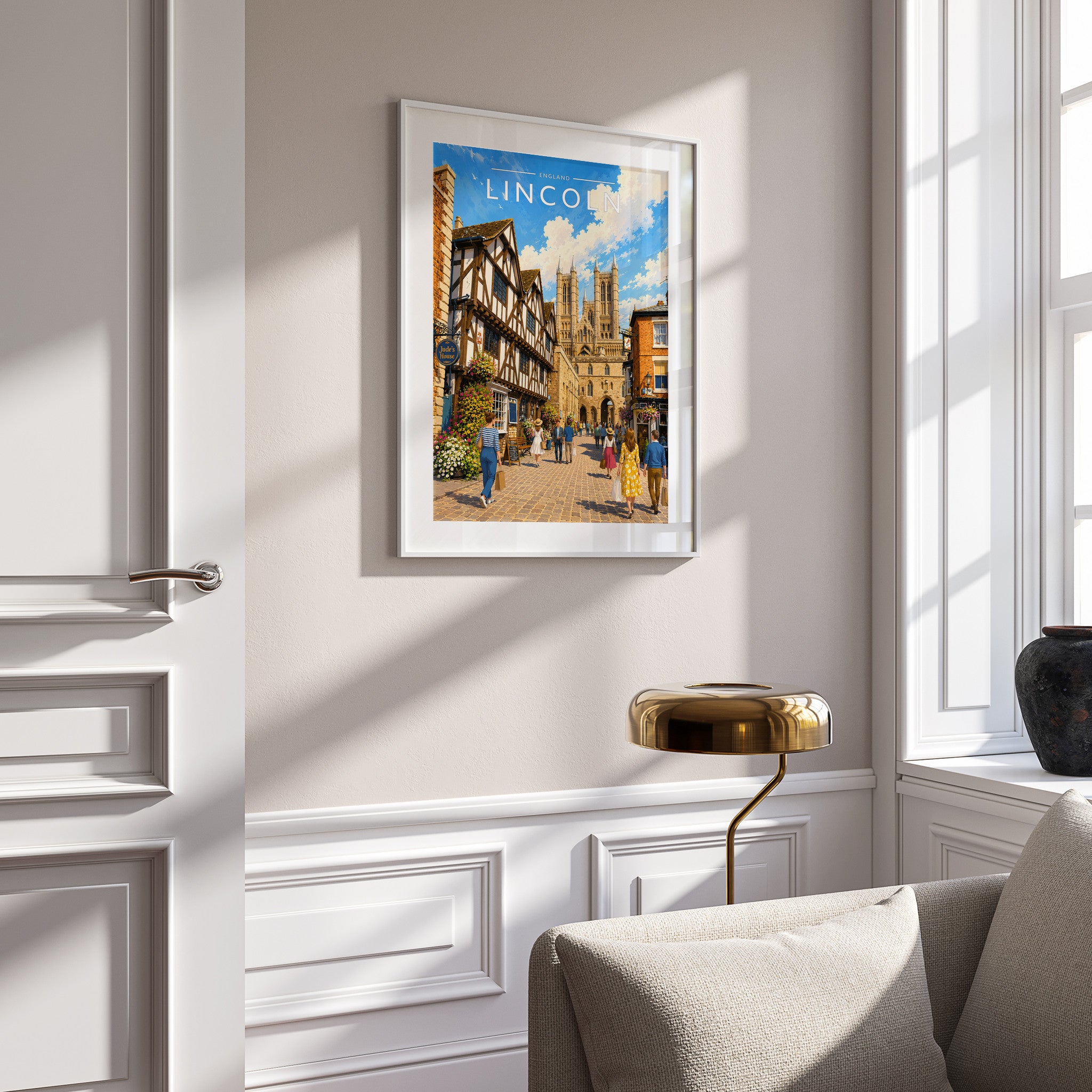 Lincoln Travel Poster in a white frame on a panelled wall