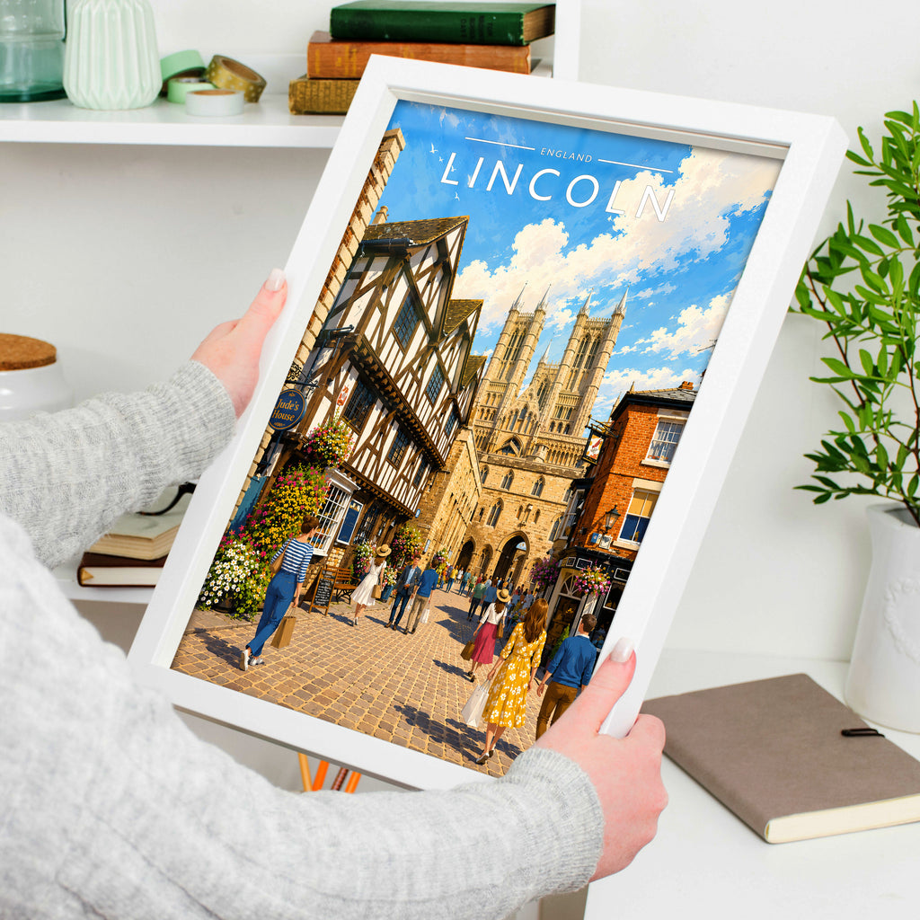 Lincoln Travel Poster in a white frame, held to show scale