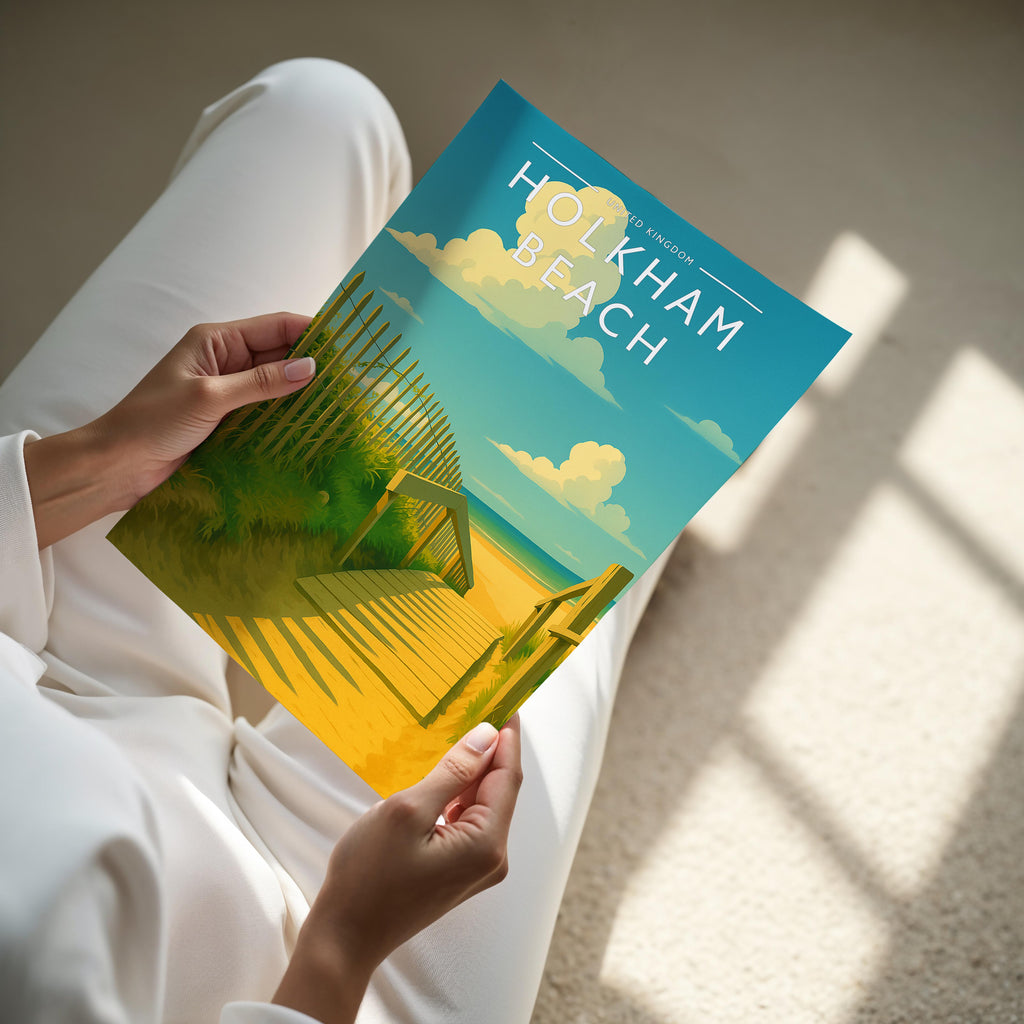 Holkham Beach Travel Poster - A4 print held in hand