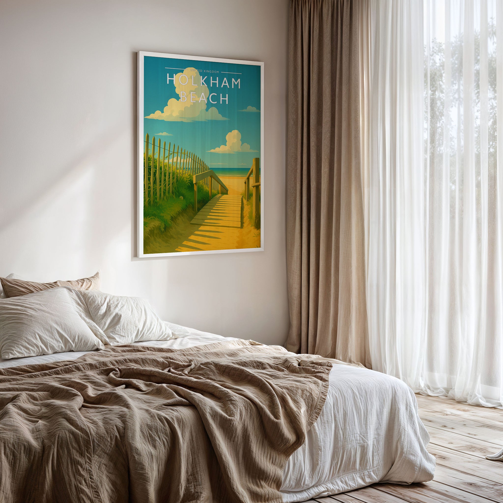 Holkham Beach Travel Poster framed on a bedroom wall
