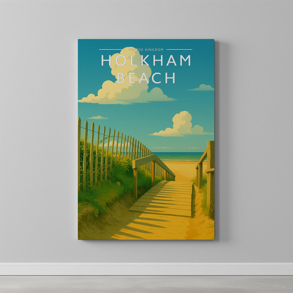 Holkham Beach Travel Poster as a gallery-wrapped canvas on a plain wall