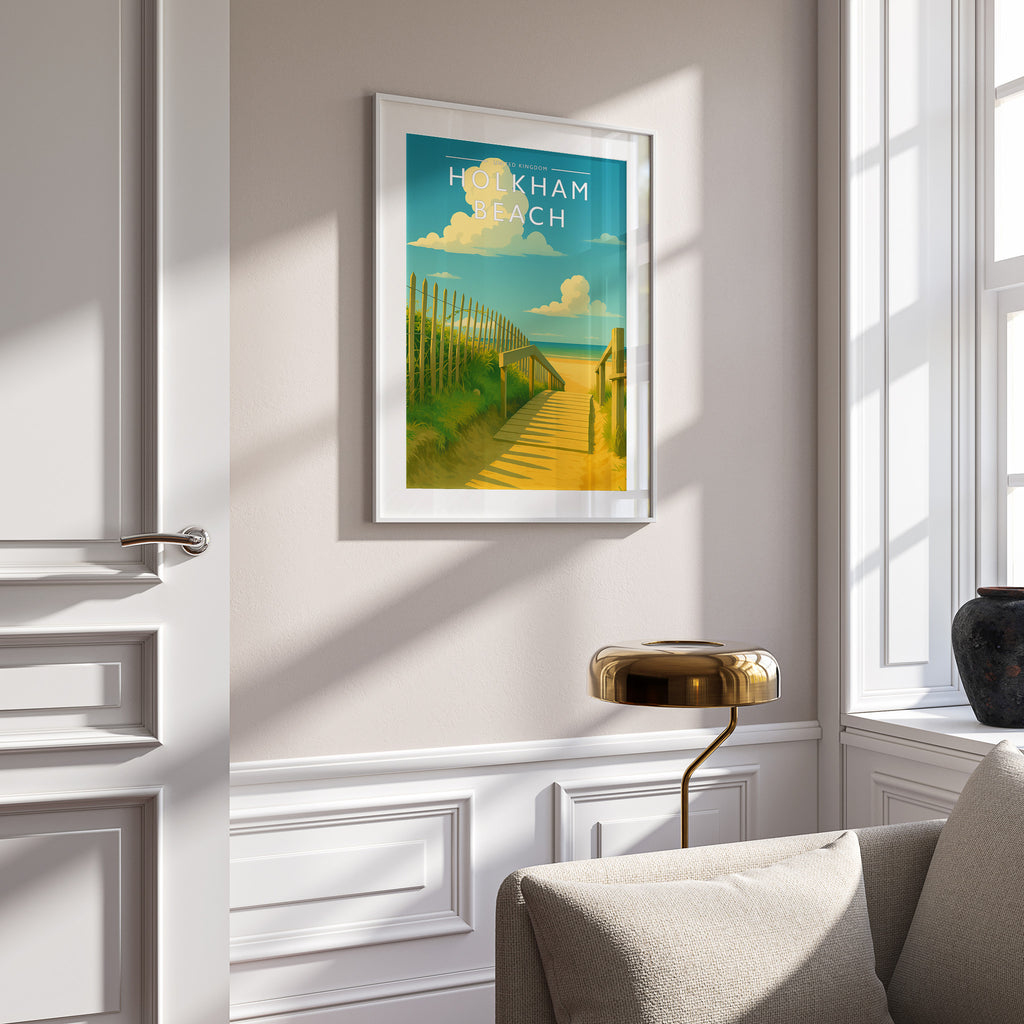 Holkham Beach Travel Poster in a white frame on a panelled wall