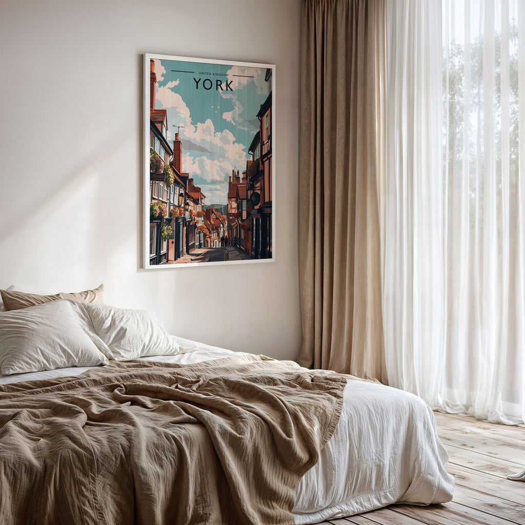 York Travel Poster framed on a bedroom wall