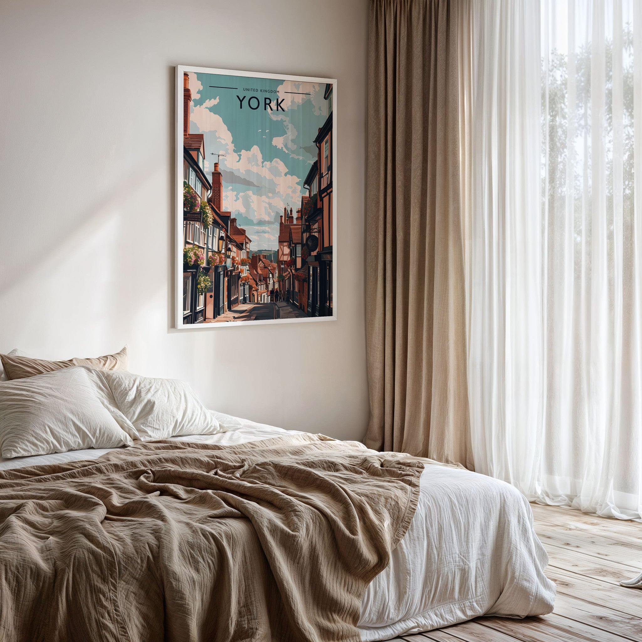 York Travel Poster framed on a bedroom wall