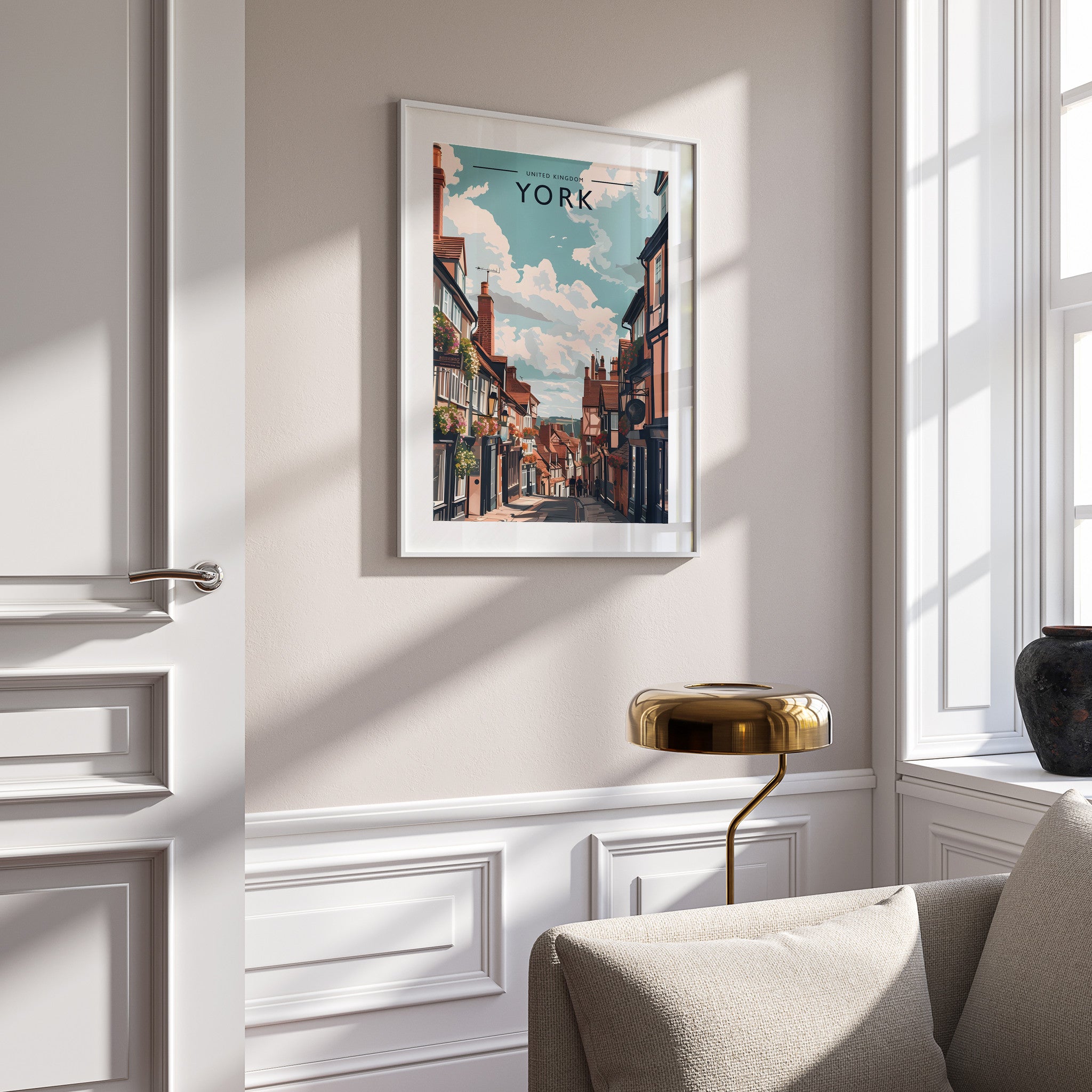 York Travel Poster in a white frame on a panelled wall