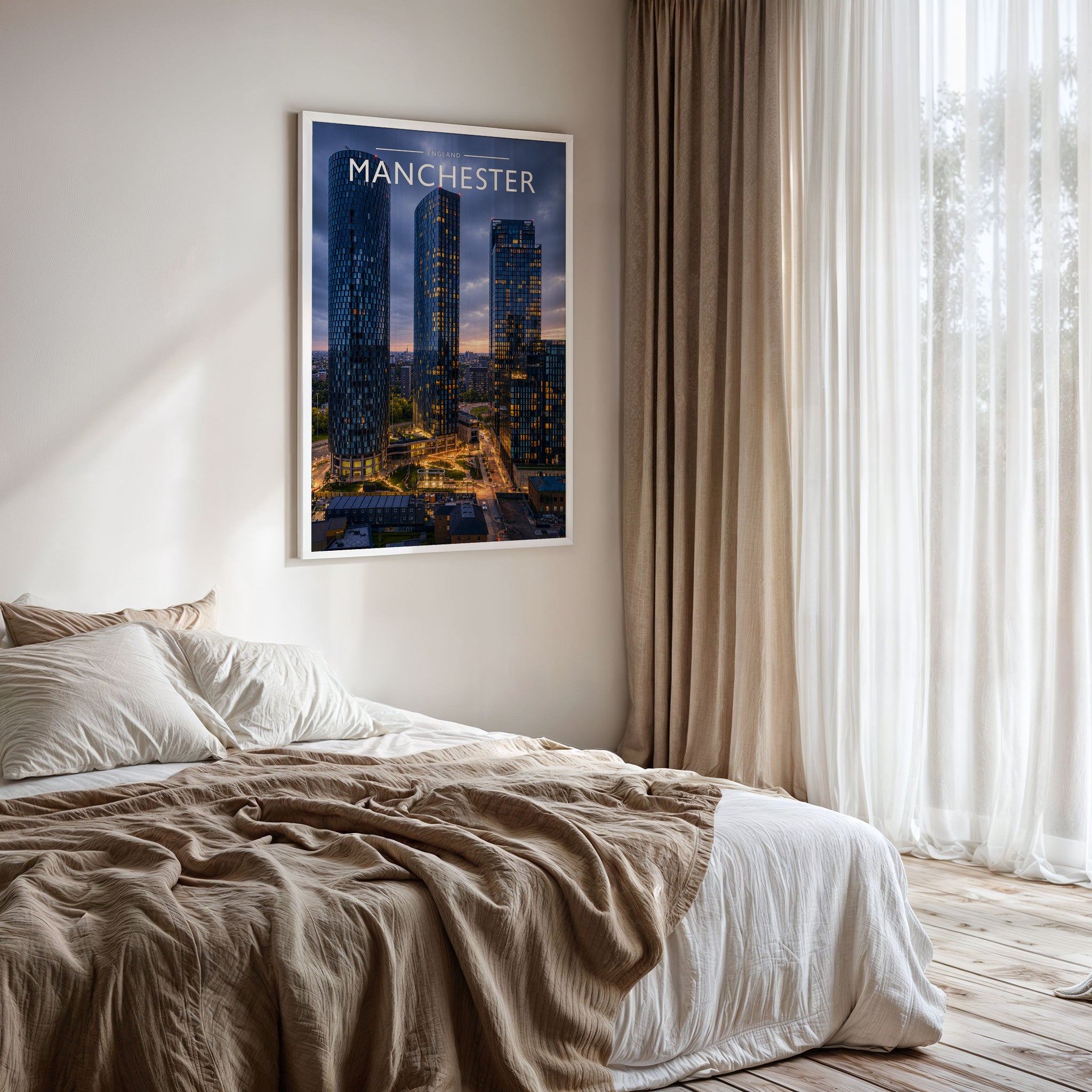 Manchester Travel Poster framed on a bedroom wall