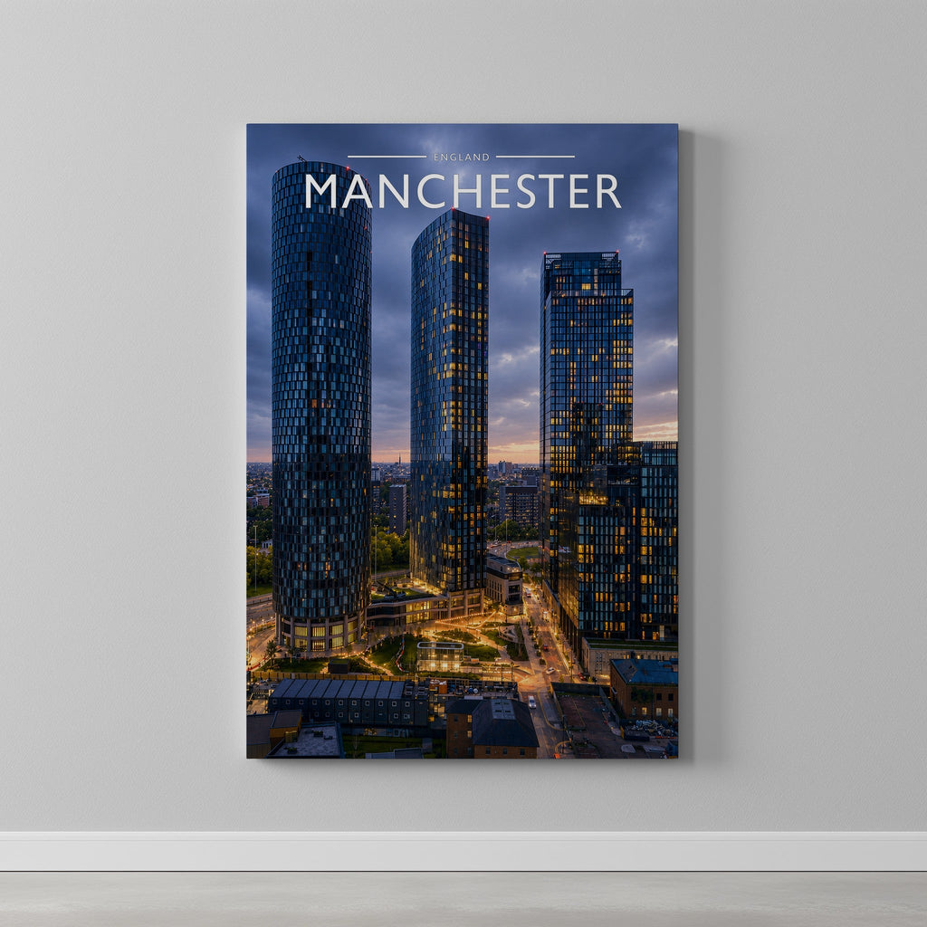 Manchester Travel Poster as a gallery-wrapped canvas on a plain wall