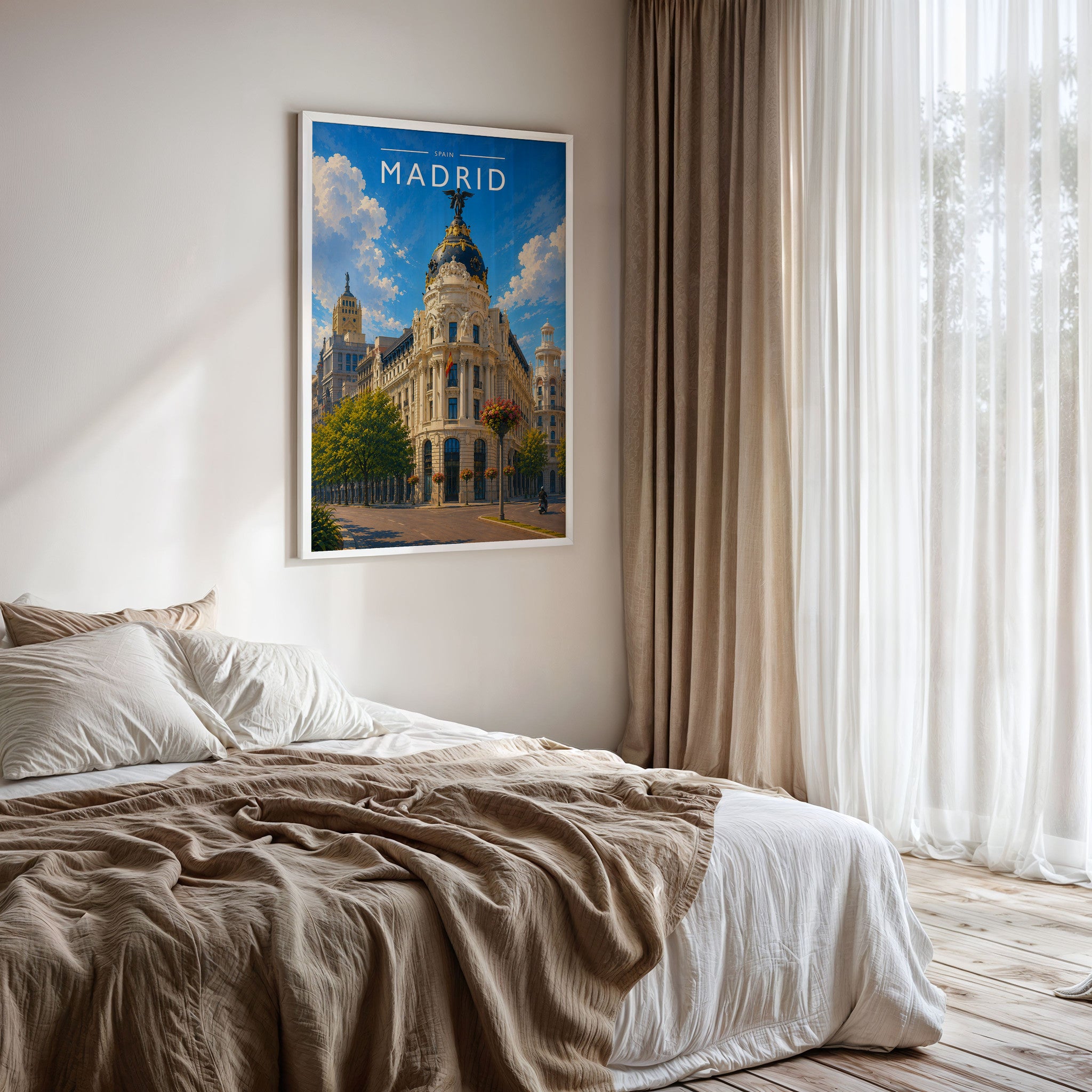 Madrid #2 Travel Poster framed on a bedroom wall