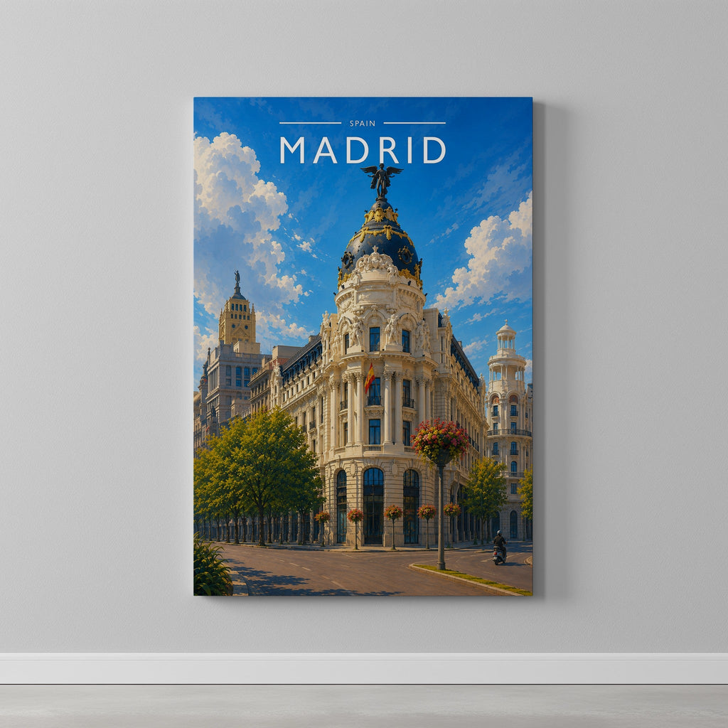 Madrid #2 Travel Poster as a gallery-wrapped canvas on a plain wall