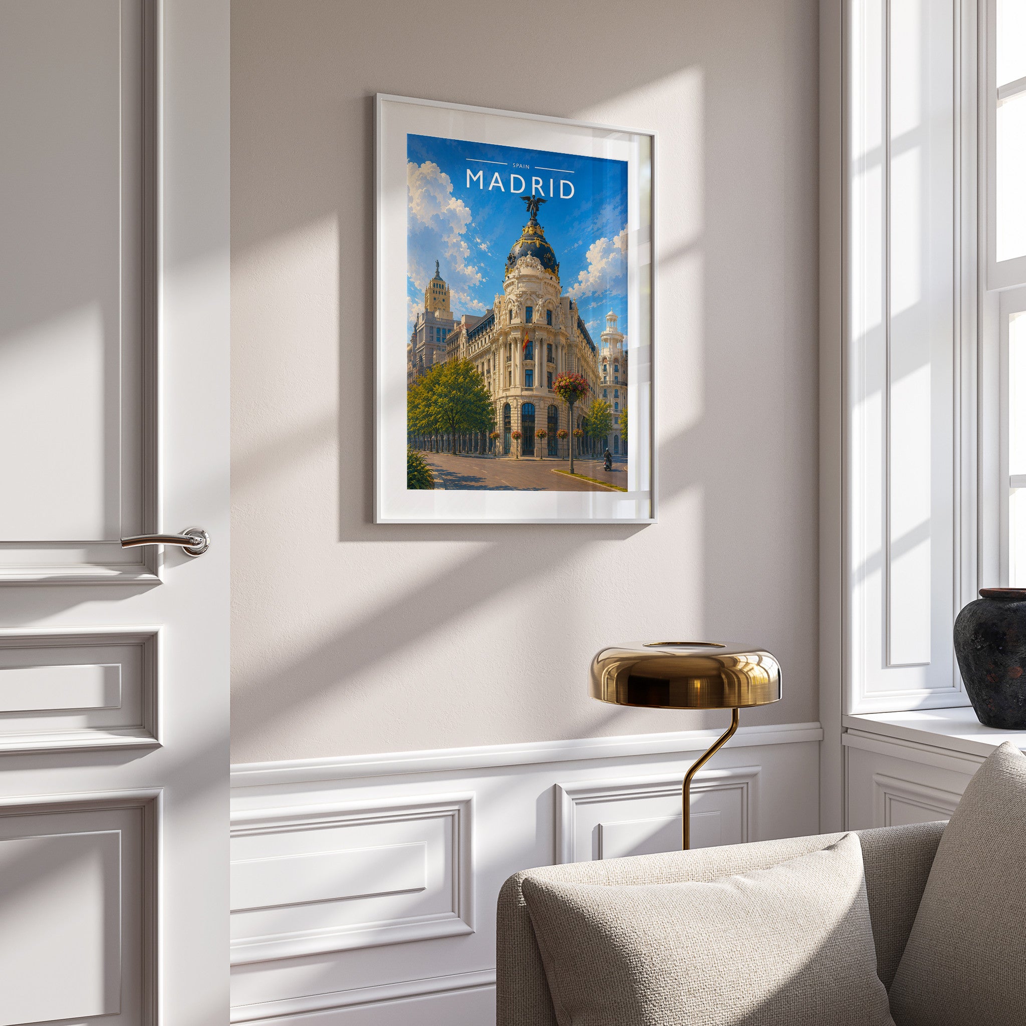 Madrid #2 Travel Poster in a white frame on a panelled wall