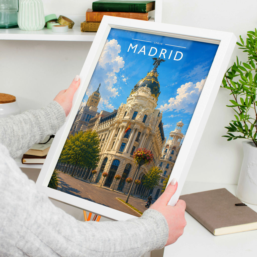 Madrid #2 Travel Poster in a white frame, held to show scale