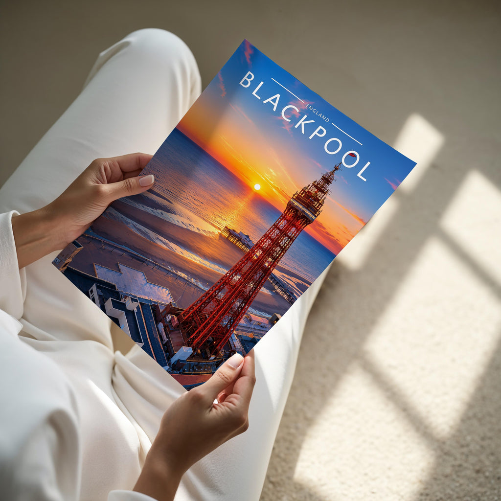 Blackpool Travel Poster - A4 print held in hand